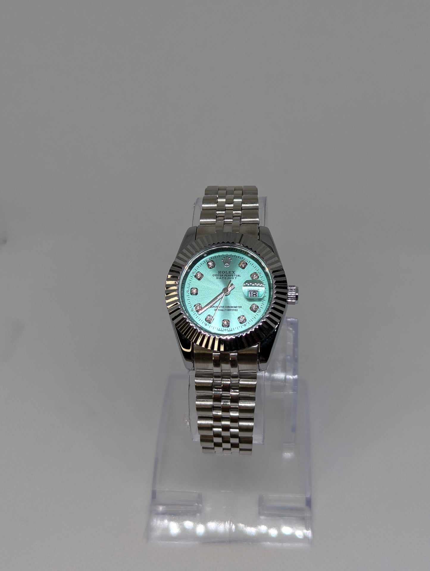 Ladies Steel Watch, Aqua Mint Dial, Diamond Markers, Fluted Bezel Jubilee Bracelet