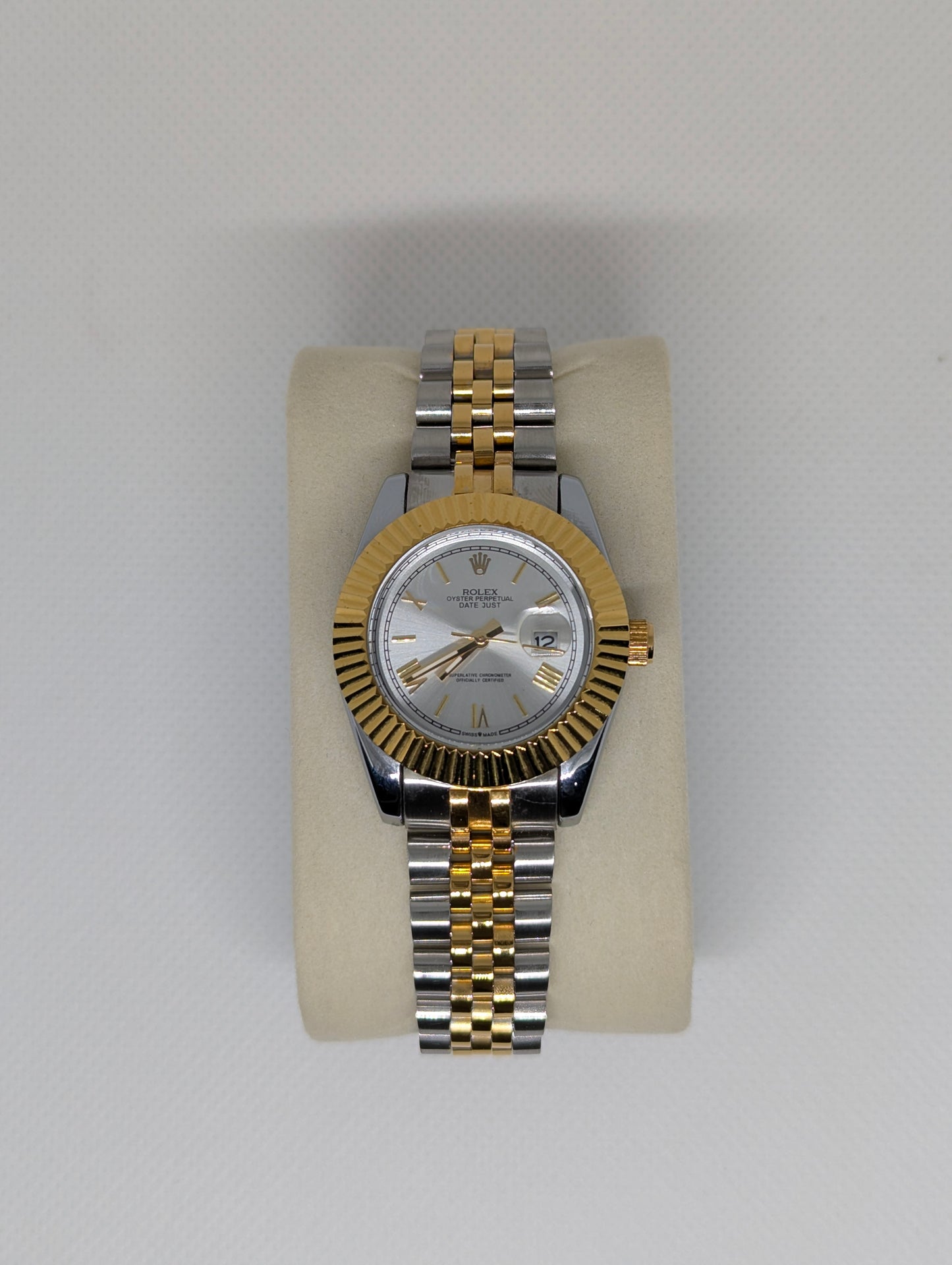 Ladies Two Tone Watch, Silver Sunray Dial, Fluted Bezel Jubilee Style Bracelet