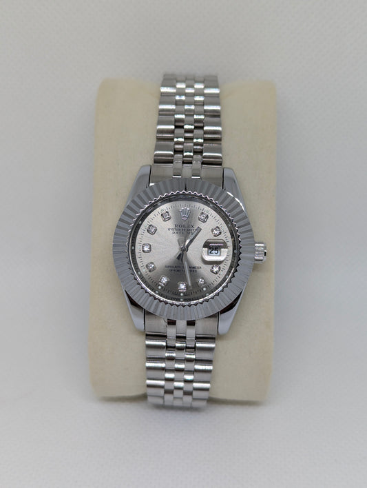 Ladies Steel Watch, Silver Dial with Sparkling Stone Markers
