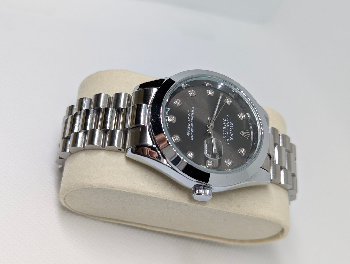 Steel Watch, Charcoal Sunburst Dial, Stone Markers & Date