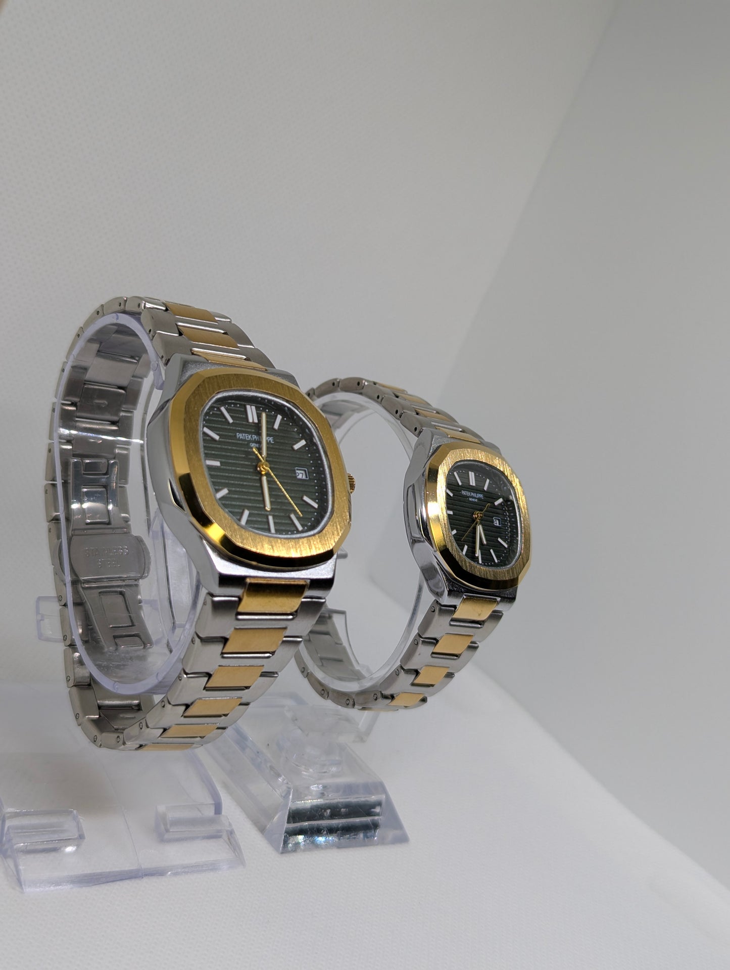 Couple’s Two Tone Stainless Steel Watches with Green Textured Dials