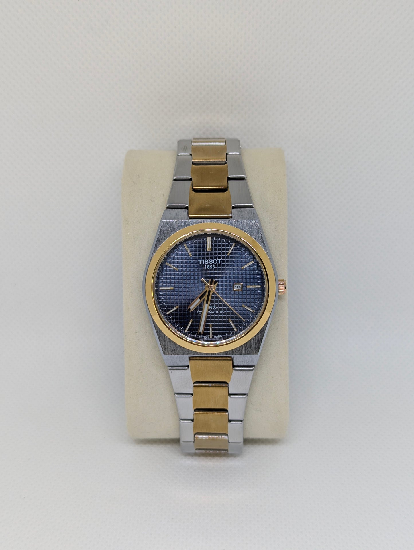 Ladies Two Tone, Blue Textured Dial, Gold Bezel Integrated Bracelet