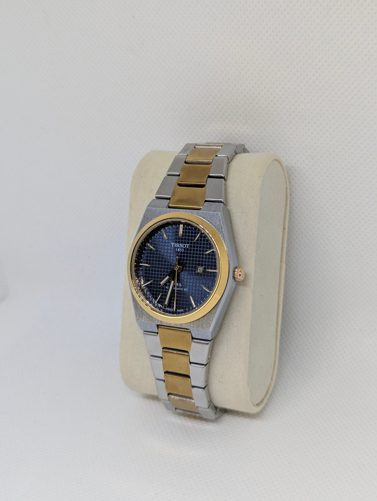 Ladies Two Tone, Blue Textured Dial, Gold Bezel Integrated Bracelet