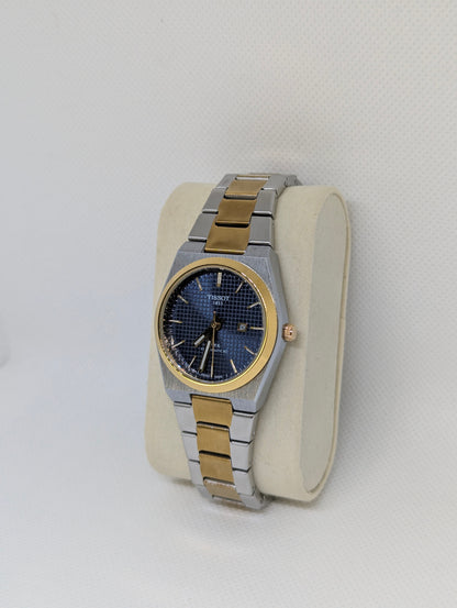 Ladies Two Tone, Blue Textured Dial, Gold Bezel Integrated Bracelet