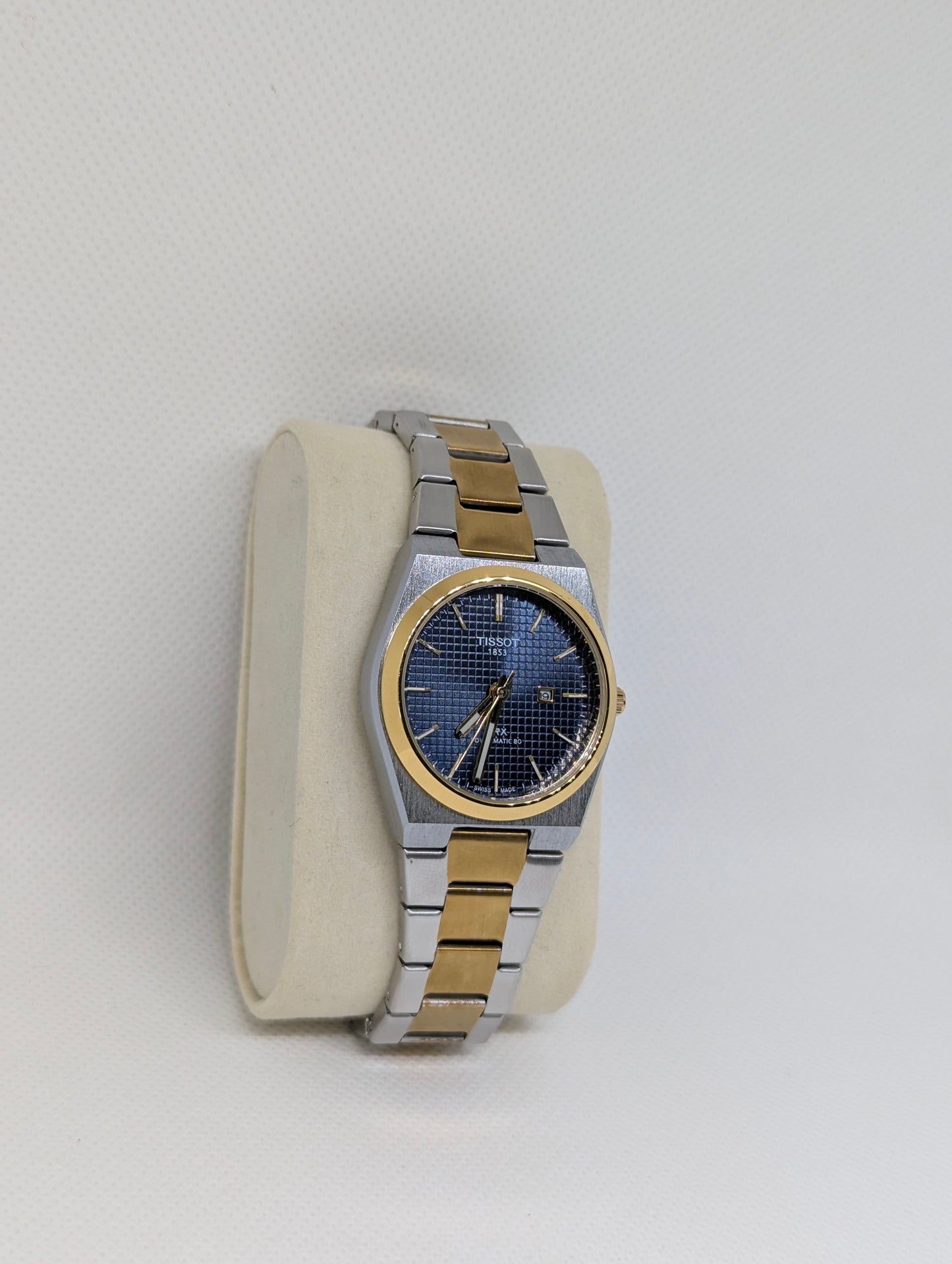 Ladies Two Tone, Blue Textured Dial, Gold Bezel Integrated Bracelet