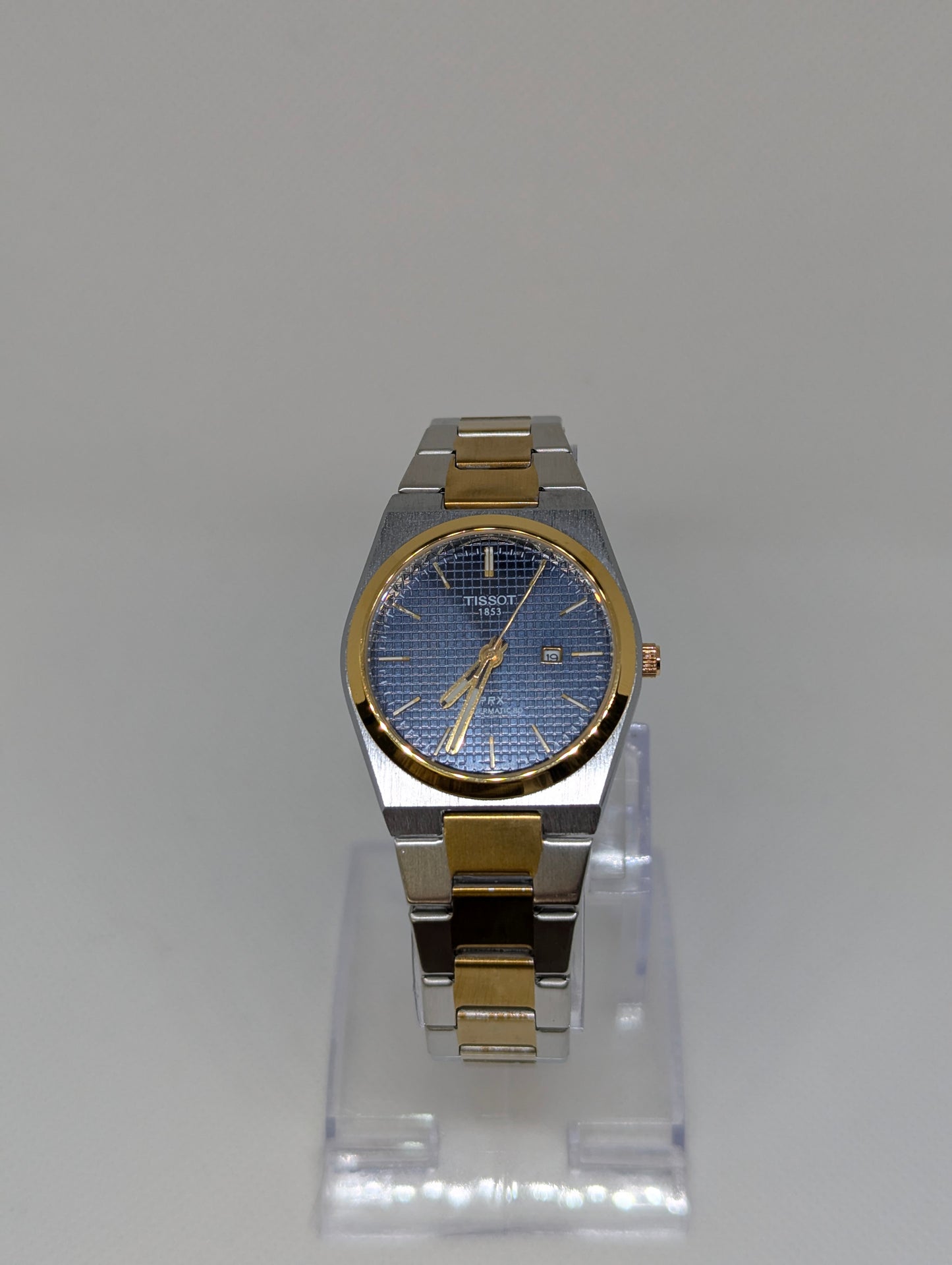 Ladies Two Tone, Blue Textured Dial, Gold Bezel Integrated Bracelet