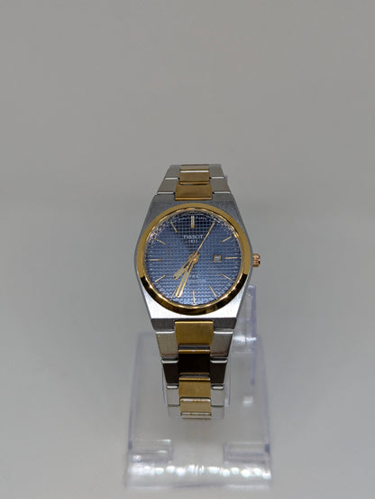 Ladies Two Tone, Blue Textured Dial, Gold Bezel Integrated Bracelet
