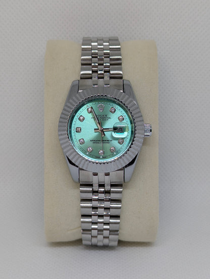 Ladies Steel Watch, Aqua Mint Dial, Diamond Markers, Fluted Bezel Jubilee Bracelet