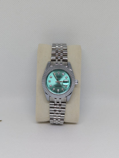 Ladies Steel Watch, Aqua Mint Dial, Diamond Markers, Fluted Bezel Jubilee Bracelet