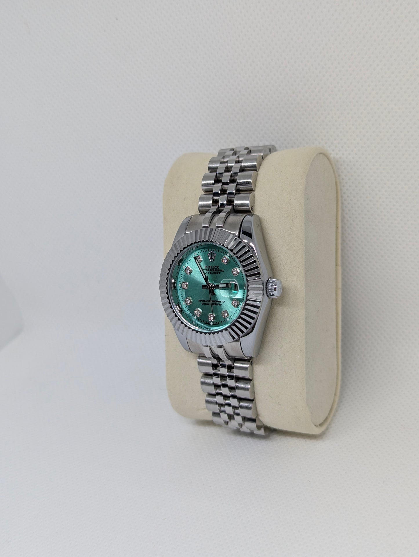 Ladies Steel Watch, Aqua Mint Dial, Diamond Markers, Fluted Bezel Jubilee Bracelet