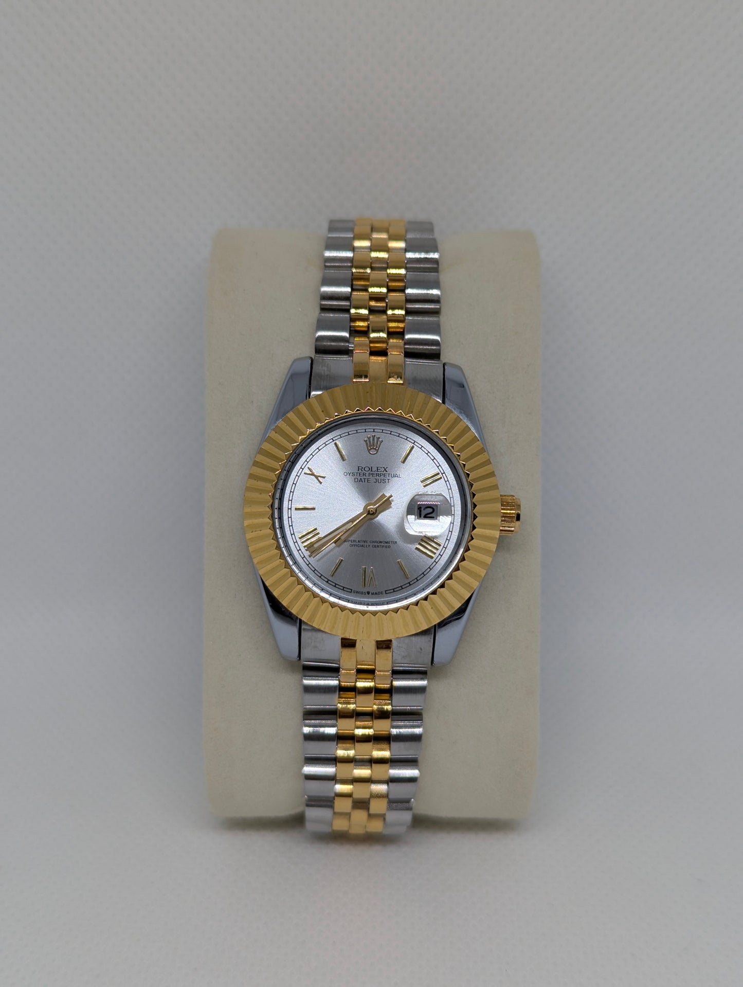 Ladies Two Tone Watch, Silver Sunray Dial, Fluted Bezel Jubilee Style Bracelet