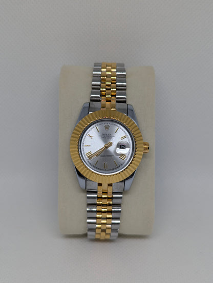 Ladies Two Tone Watch, Silver Sunray Dial, Fluted Bezel Jubilee Style Bracelet