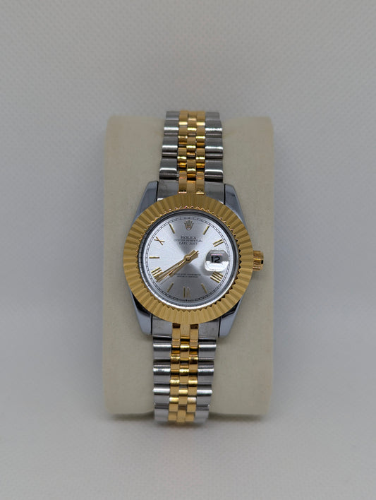 Ladies Two Tone Watch, Silver Sunray Dial, Fluted Bezel Jubilee Style Bracelet