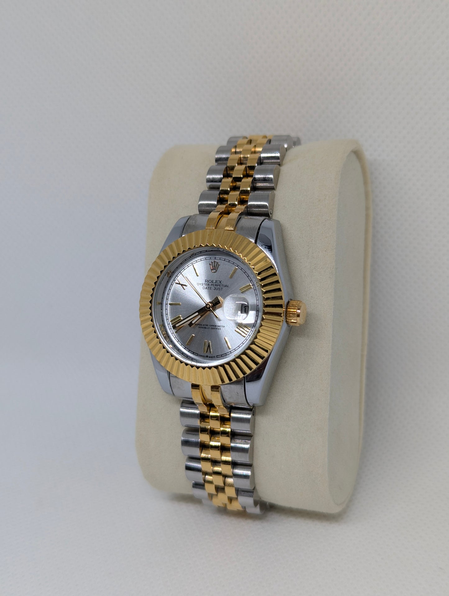 Ladies Two Tone Watch, Silver Sunray Dial, Fluted Bezel Jubilee Style Bracelet