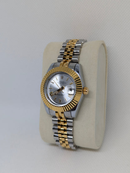 Ladies Two Tone Watch, Silver Sunray Dial, Fluted Bezel Jubilee Style Bracelet