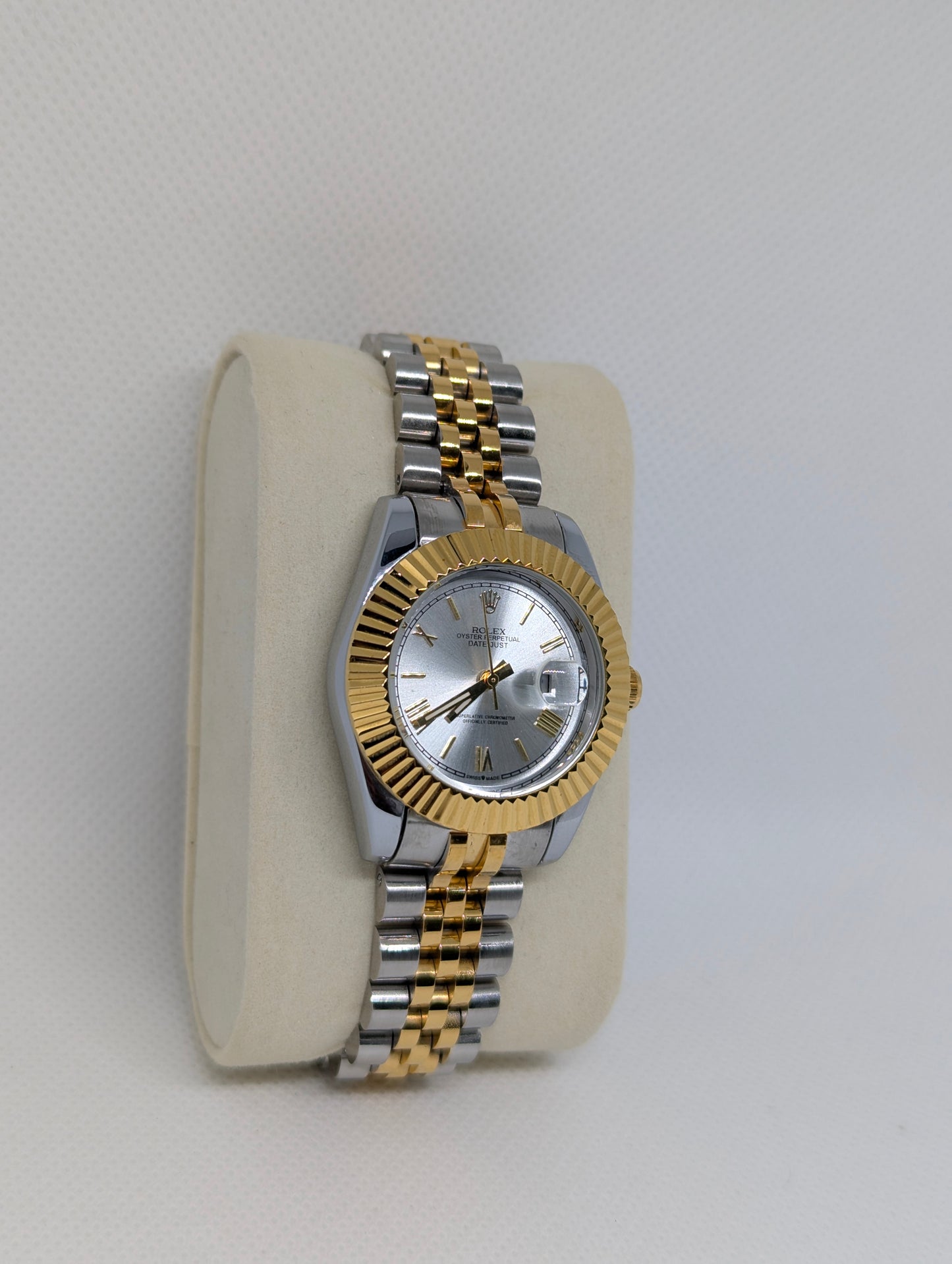 Ladies Two Tone Watch, Silver Sunray Dial, Fluted Bezel Jubilee Style Bracelet