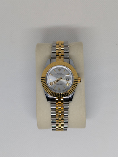 Ladies Two Tone Watch, Silver Sunray Dial, Fluted Bezel Jubilee Style Bracelet