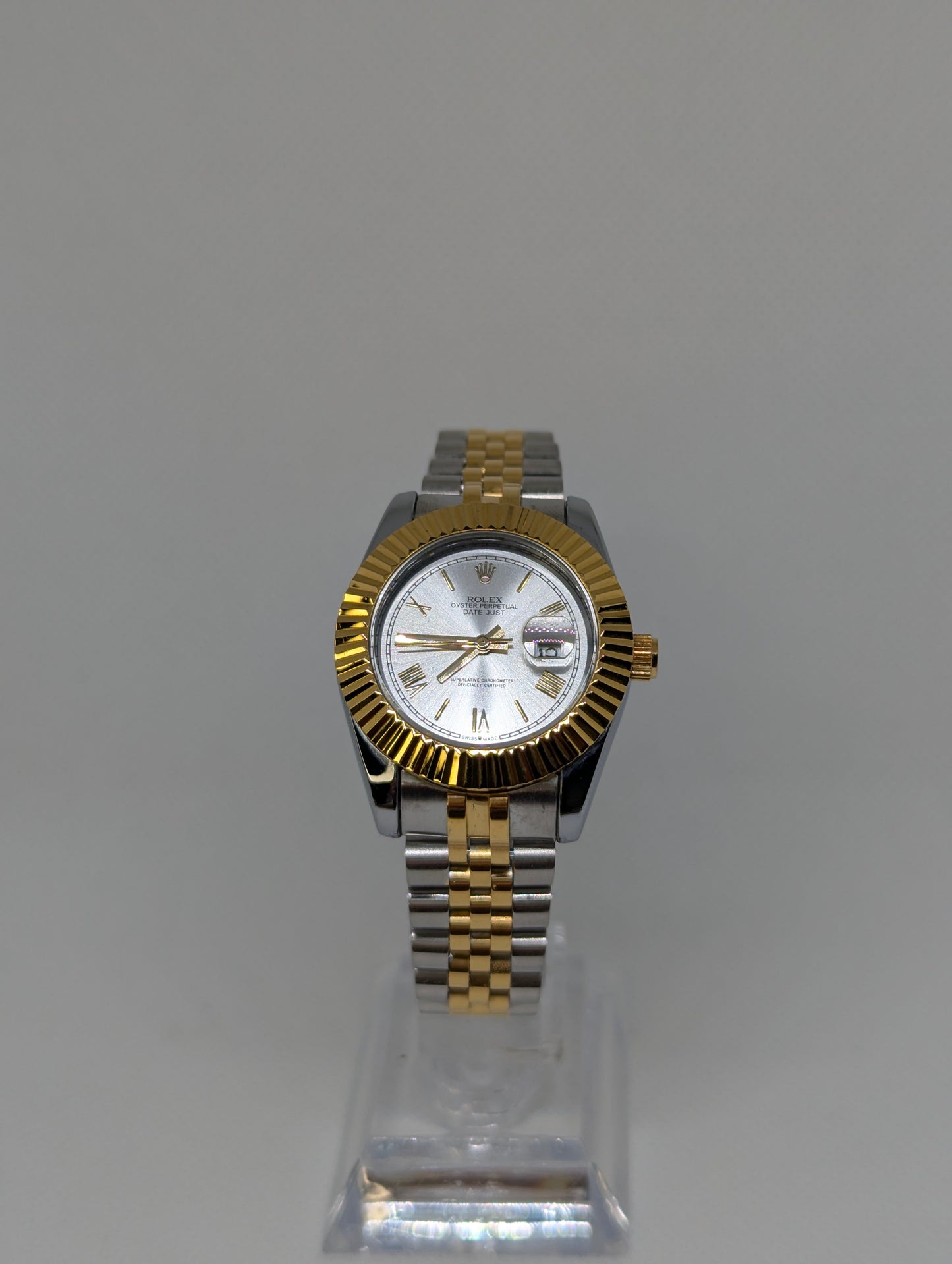 Ladies Two Tone Watch, Silver Sunray Dial, Fluted Bezel Jubilee Style Bracelet