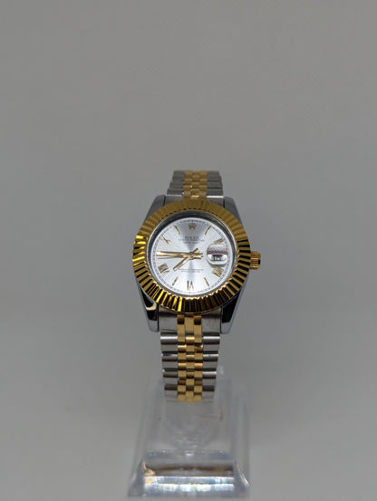 Ladies Two Tone Watch, Silver Sunray Dial, Fluted Bezel Jubilee Style Bracelet