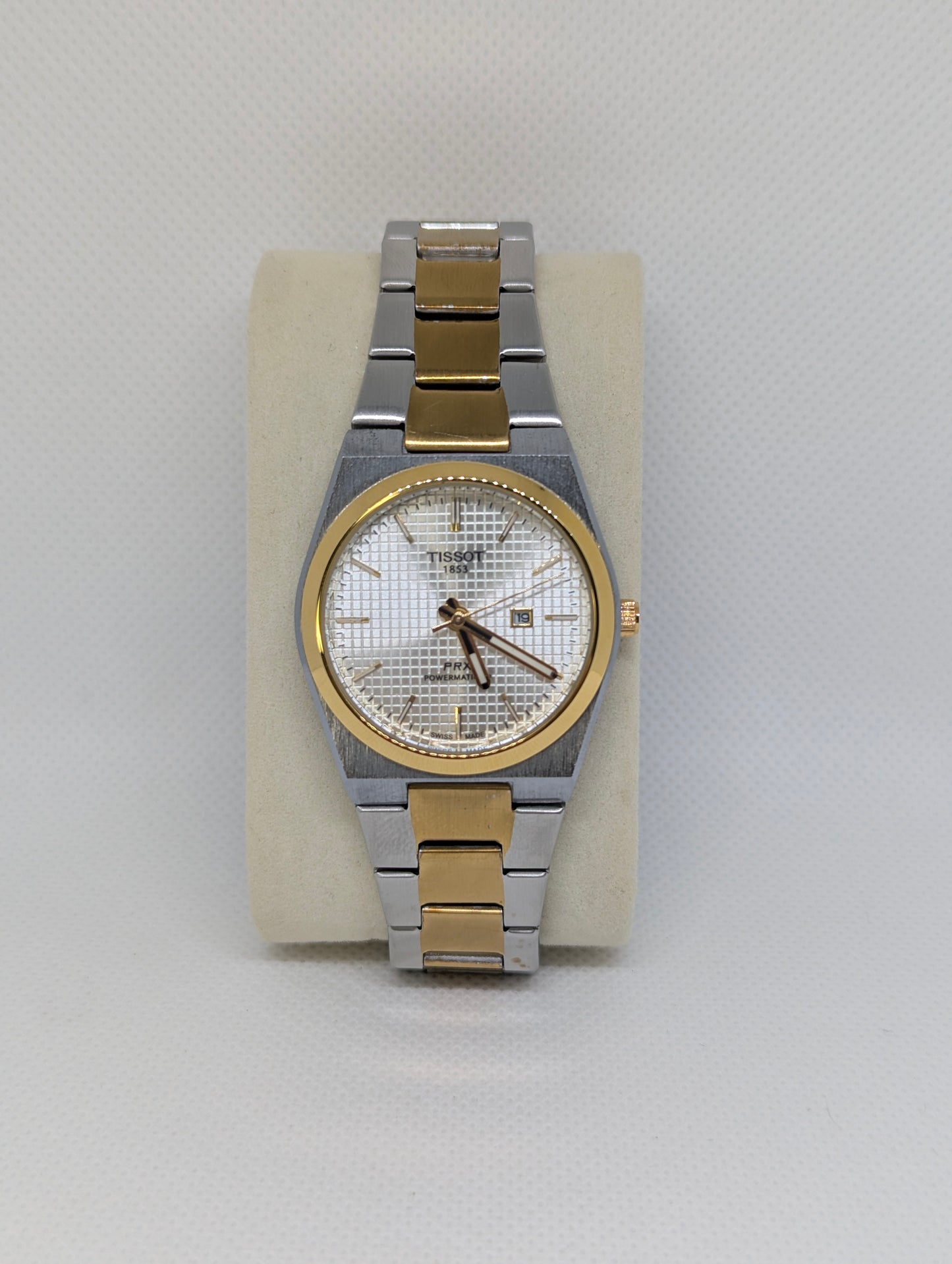 Ladies Two Tone Automatic, White Textured Dial, Gold Bezel & Integrated Bracelet