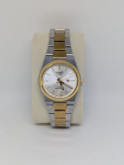 Ladies Two Tone Automatic, White Textured Dial, Gold Bezel & Integrated Bracelet