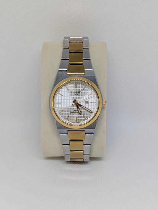 Ladies Two Tone Automatic, White Textured Dial, Gold Bezel & Integrated Bracelet