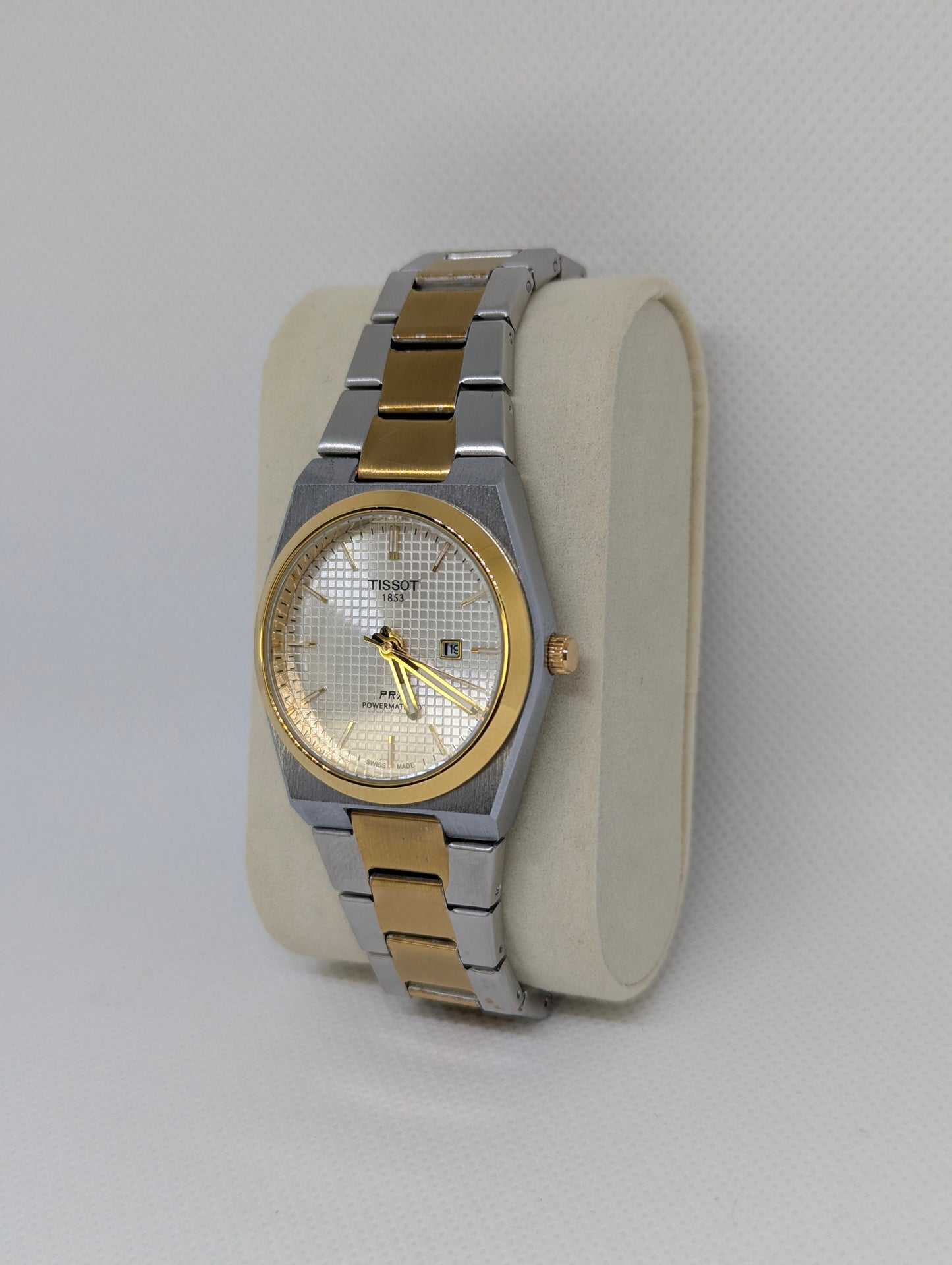 Ladies Two Tone Automatic, White Textured Dial, Gold Bezel & Integrated Bracelet