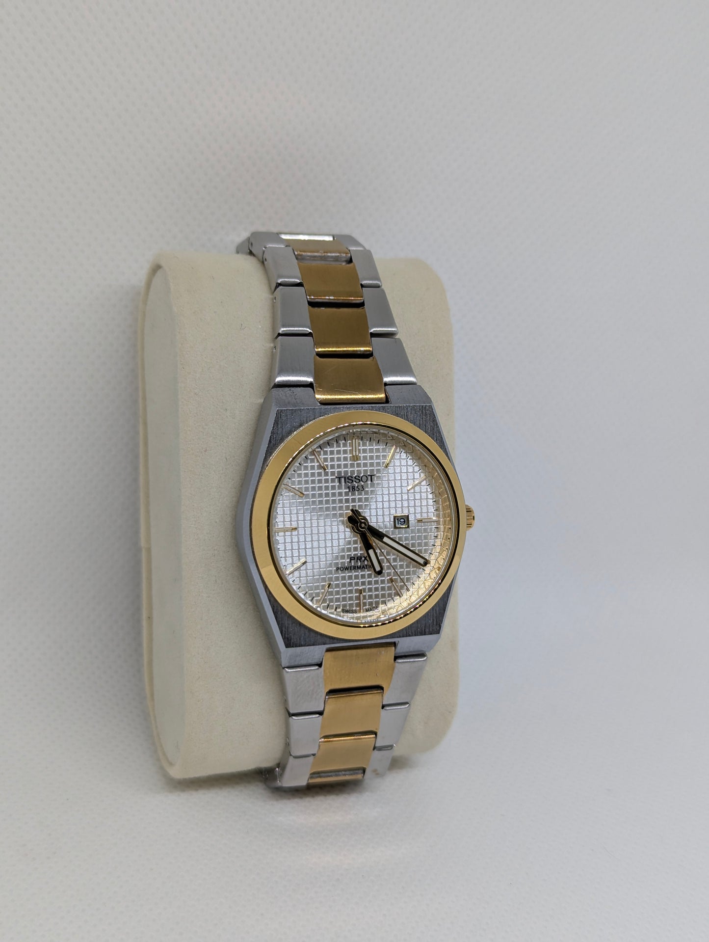 Ladies Two Tone Automatic, White Textured Dial, Gold Bezel & Integrated Bracelet