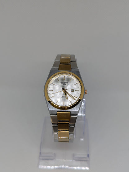Ladies Two Tone Automatic, White Textured Dial, Gold Bezel & Integrated Bracelet
