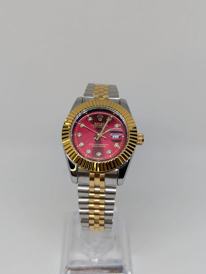 Ladies Two Tone Watch, Red Dial with Sparkling Stone Markers