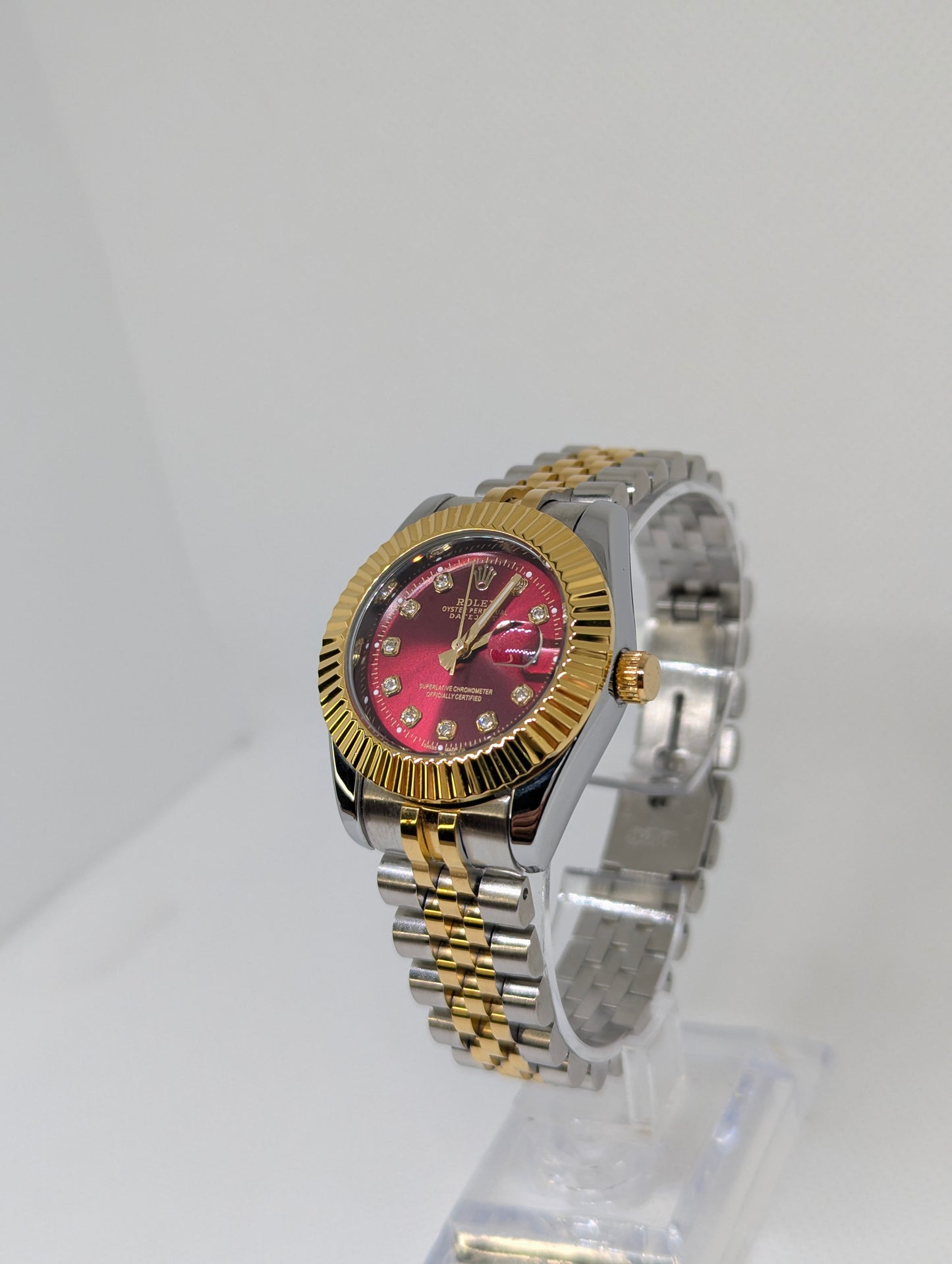 Ladies Two Tone Watch, Red Dial with Sparkling Stone Markers