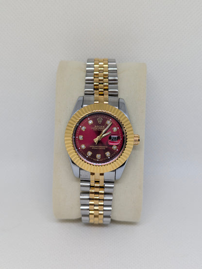 Ladies Two Tone Watch, Red Dial with Sparkling Stone Markers