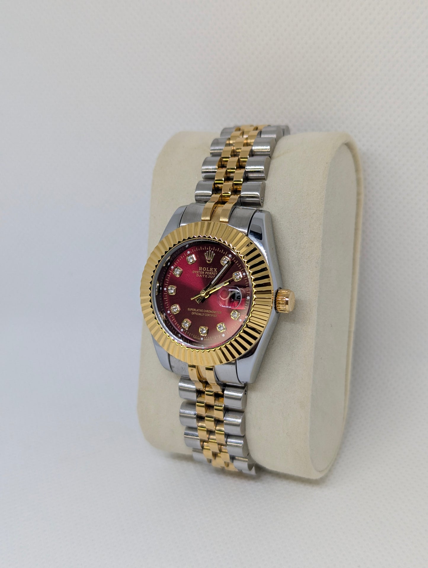 Ladies Two Tone Watch, Red Dial with Sparkling Stone Markers