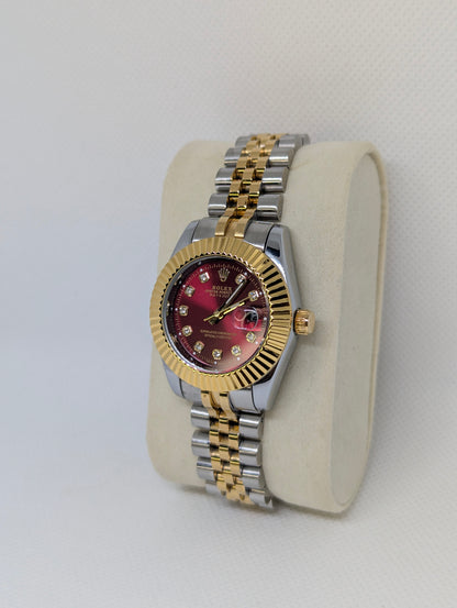 Ladies Two Tone Watch, Red Dial with Sparkling Stone Markers