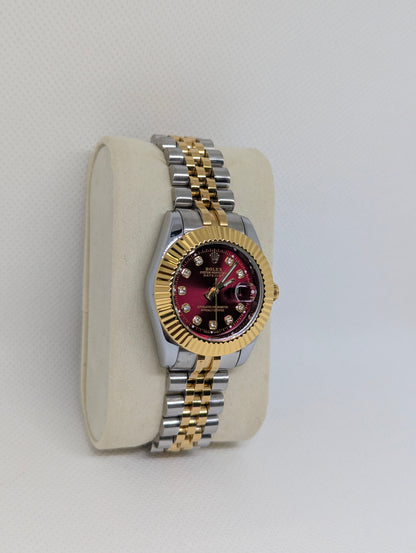Ladies Two Tone Watch, Red Dial with Sparkling Stone Markers