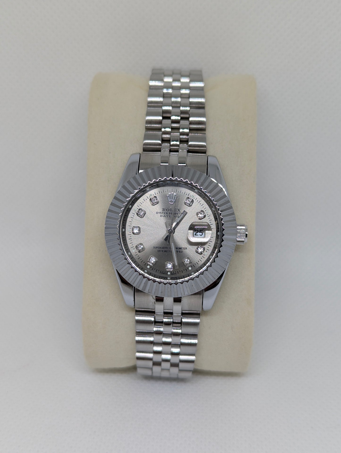 Ladies Steel Watch, Silver Dial with Sparkling Stone Markers