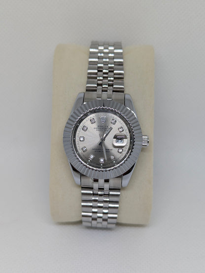 Ladies Steel Watch, Silver Dial with Sparkling Stone Markers