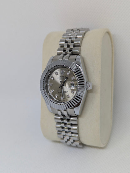 Ladies Steel Watch, Silver Dial with Sparkling Stone Markers