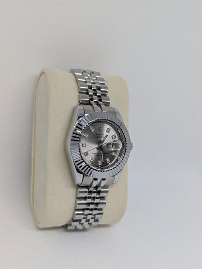 Ladies Steel Watch, Silver Dial with Sparkling Stone Markers