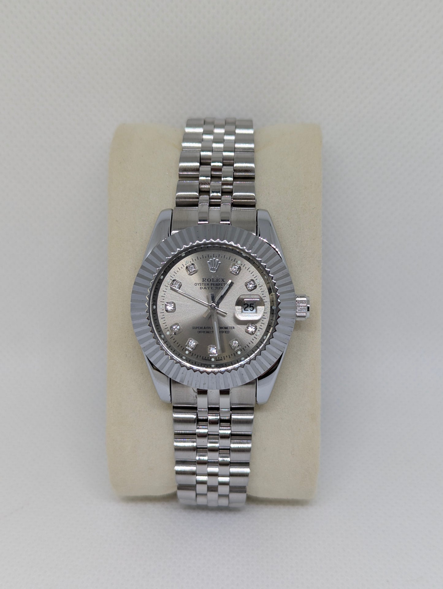 Ladies Steel Watch, Silver Dial with Sparkling Stone Markers
