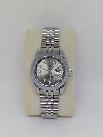 Ladies Steel Watch, Silver Dial with Sparkling Stone Markers