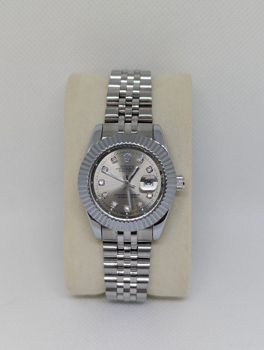 Ladies Steel Watch, Silver Dial with Sparkling Stone Markers