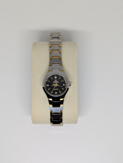 Fitron Quartz Two Tone Ladies Watch with Black Dial & Crystal Markers
