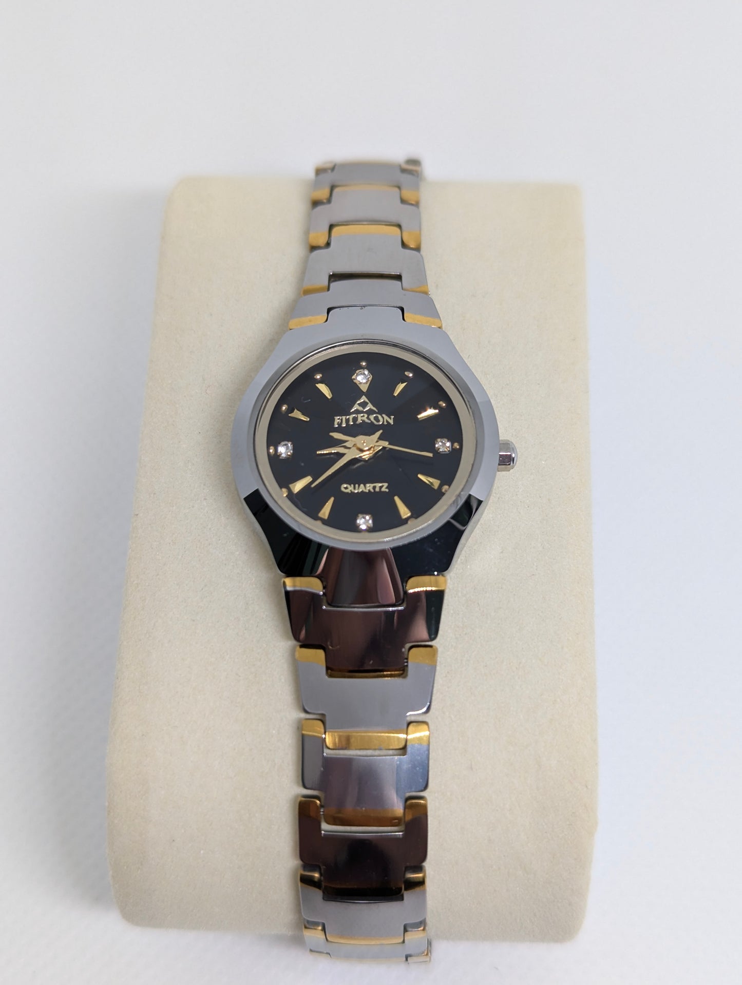 Fitron Quartz Two Tone Ladies Watch with Black Dial & Crystal Markers