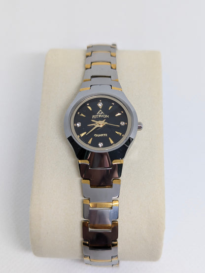 Fitron Quartz Two Tone Ladies Watch with Black Dial & Crystal Markers