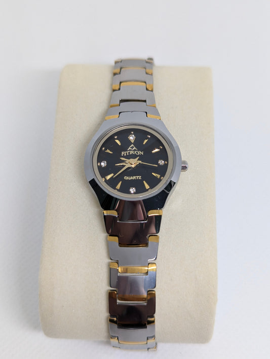 Fitron Quartz Two Tone Ladies Watch with Black Dial & Crystal Markers