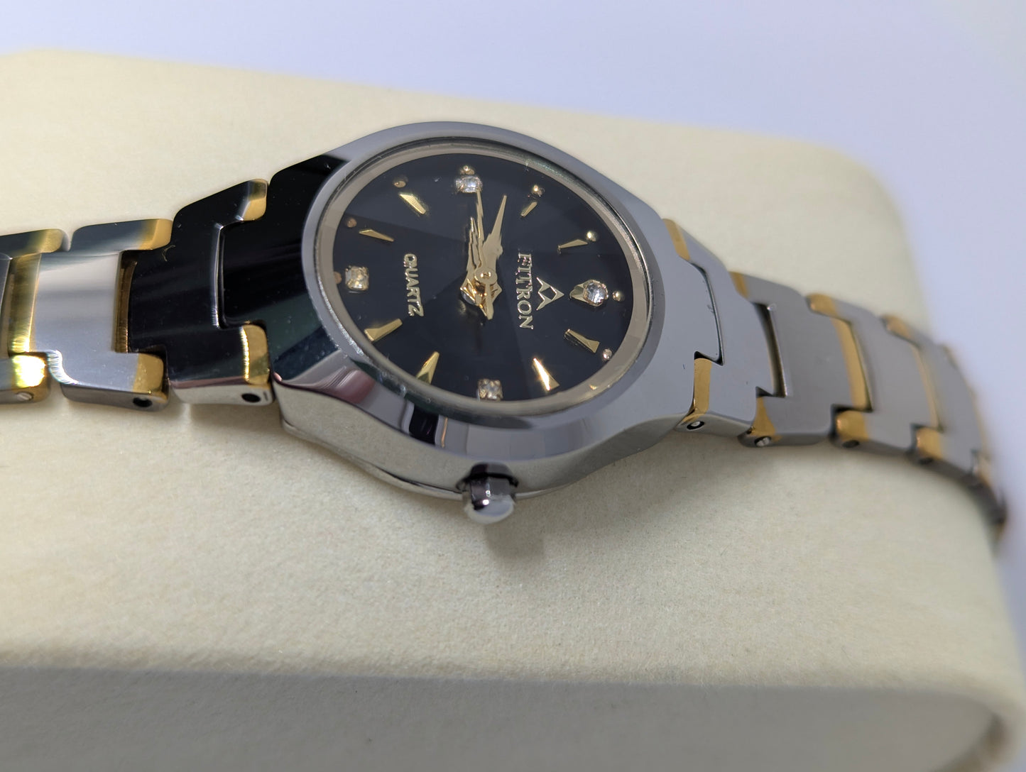 Fitron Quartz Two Tone Ladies Watch with Black Dial & Crystal Markers