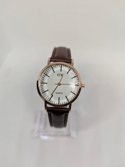 Classic Watch with White Dial & Brown Leather Strap
