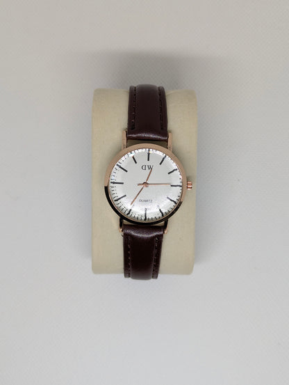 Classic Watch with White Dial & Brown Leather Strap