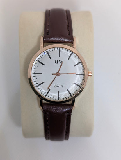 Classic Watch with White Dial & Brown Leather Strap